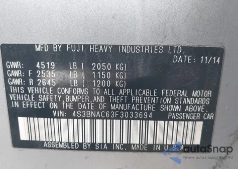 2015 Subaru Legacy 2.5I Premium z USA, uszkodzony, nr VIN 4S3BNAC63F3033694